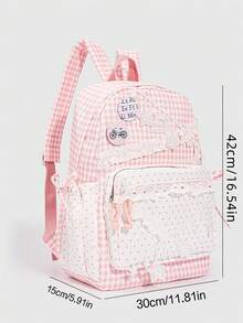 ROMWE Kawaii 1Pc Sweet Plaid Backpack, Star‑Decorated School Backpack, Aesthetic Lace Ruffle Preppy School Bag, Back‑To‑School & Travel Shoulder Bag - Pink - View 3