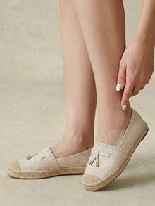 Styleloop Sandal Jerami Datar Wanita, Sepatu Tali Rami Gaya Bohemian, Cocok Untuk Liburan, Kehidupan Sehari-hari, Santai, Pantai, Perjalanan - Krem - View 10