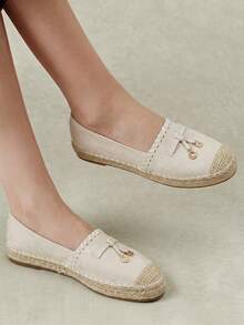 Styleloop Sandal Jerami Datar Wanita, Sepatu Tali Rami Gaya Bohemian, Cocok Untuk Liburan, Kehidupan Sehari-hari, Santai, Pantai, Perjalanan - Krem - View 2