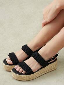 Styleloop Black Tassel Platform Muffin Sandals Women, Hemp Woven Wedge Heel Buckle With Open-Toed Sandals - Black - View 5