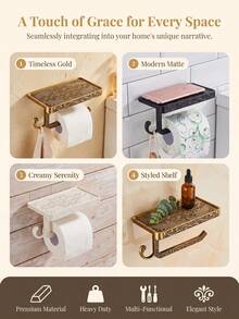 Cirelle 1Pc Wall‑Mounted Toilet Paper Holder, Space‑Aluminum Material With Carved Vintage Scroll Patterns, Built‑In Shelf And Side Hook, Multi‑Storage Fixture For Bathroom Lavatory Wall Space Organization - Multicolor - View 16