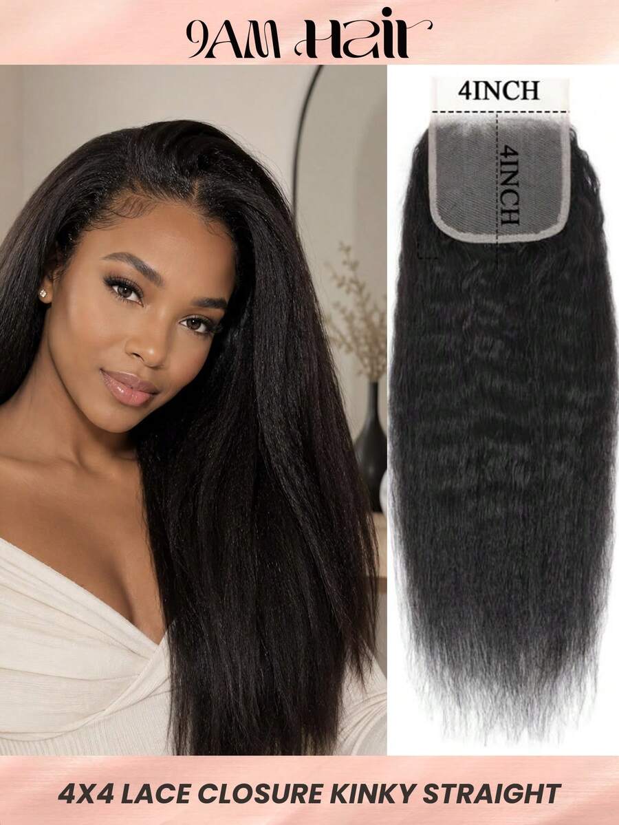 Human Hair Kinky Straight Closure 4X4 Free Part Lace Closure Yaki Kinky Straight Virgin Human Hair Frontal Closure Pre Plucked With Baby Hair - Natural Black - View 1
