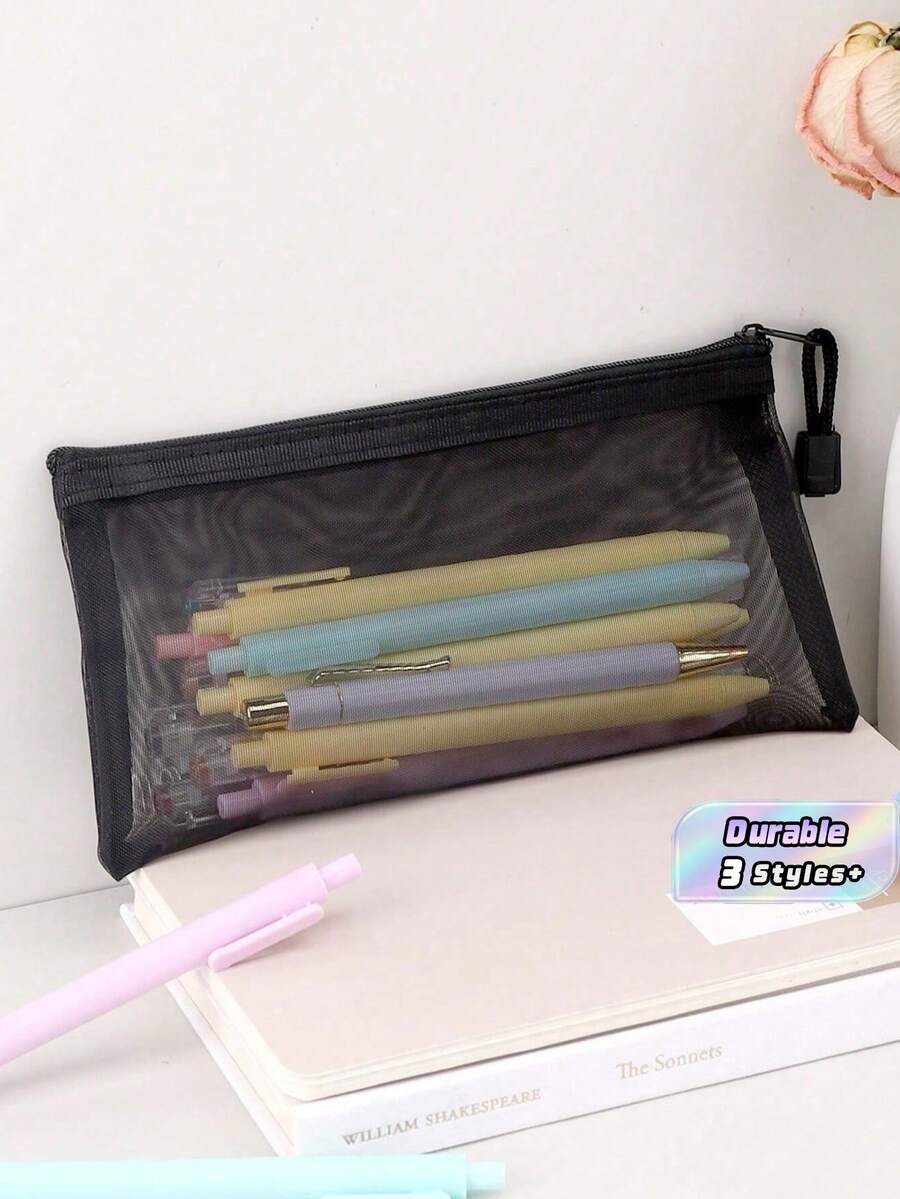 1/2/5pcs Simple Black Mesh Pencil Case Stationery,Pencil Pouch,School Bag - multicolor - View 1