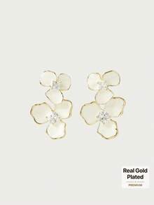 Glisma 18K Gold Plated Flower Oil White Zirconium Elegant Earrings - Yellow Gold - View 1
