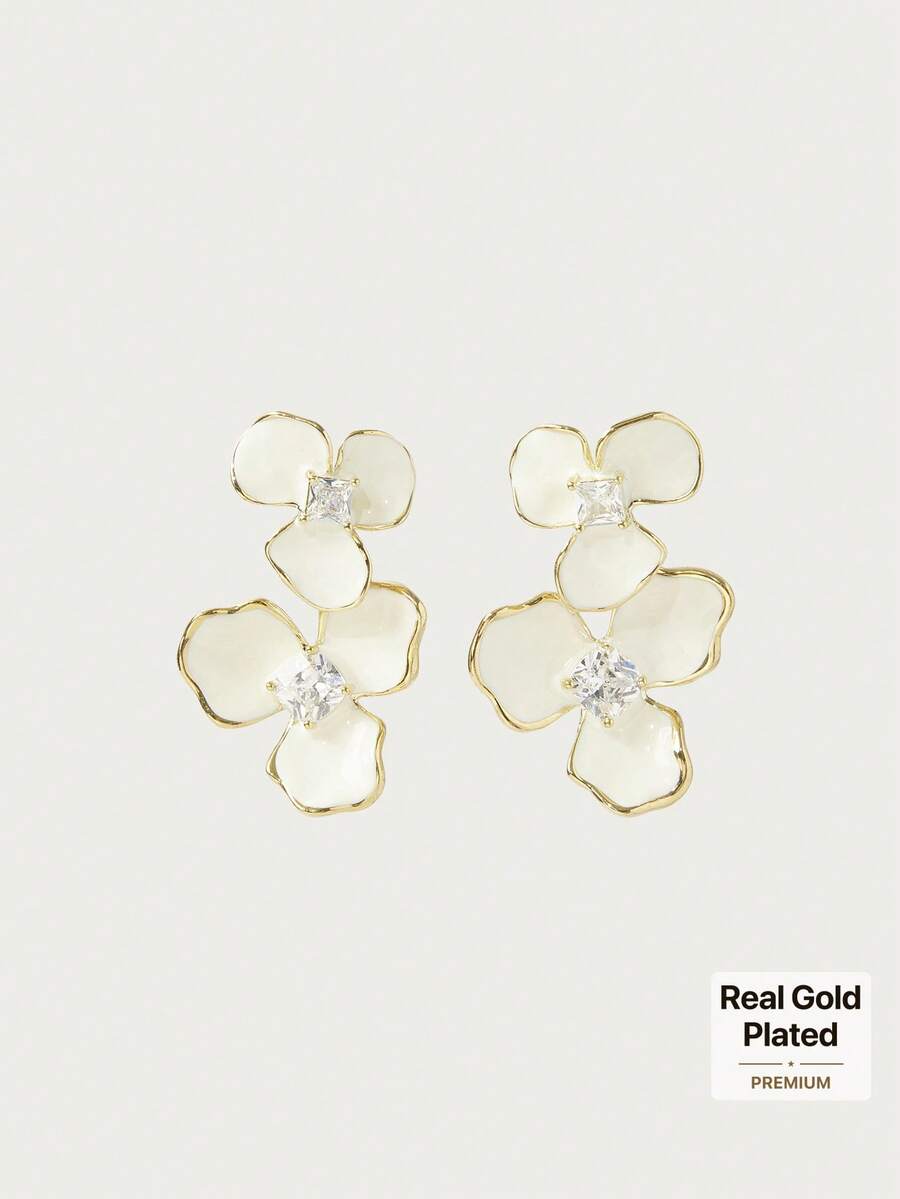 Glisma 18K Gold Plated Flower Oil White Zirconium Elegant Earrings - Yellow Gold - View 1