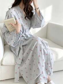 Napfluff Women's Casual Cherry Plaid Print Open Front Robe, Lightweight Comfy Long Kimono Cardigan For Lounge, Home & Daily Wear - Baby Blue - View 3