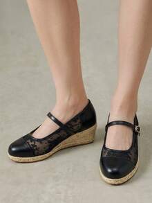 Styleloop Women's Hemp Rope Straw Weave Wedge Heel Black Lace Mesh Women's Wedge Heel Shoes Shoes Hemp Rope Shoes Bohemian Style Vacation Beach Se Fall Shoes - Black - View 9