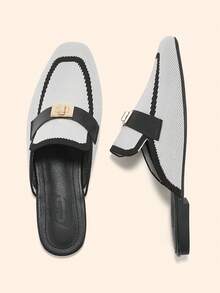 CUCCOO BASICS Breathable Closed Toe Female 2026 Summer Black And White Striped Metal Buckle Flat Bottom Slouchy Mules Wear Commuter Shoes - Black and White - View 3