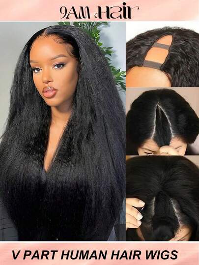 Kinky Straight V Part Human Wig For Beginner Friendly Wear To Go Wig Yaki Straight V Part Wig Human Hair No Leave Out Glueless Upgrade U Part Wig Human Hair Clip In Wigs Beginner Friendly No-Sew In No Glue V-Part Black Wig Natural Black Color