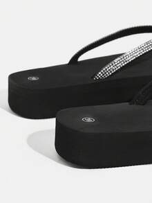 Grefit Fashionable Black Rhinestone Comfort Thick Sole Slip-On Sandals, Suitable For Shopping, Beach, Vacation And Home Wear - Black - View 11