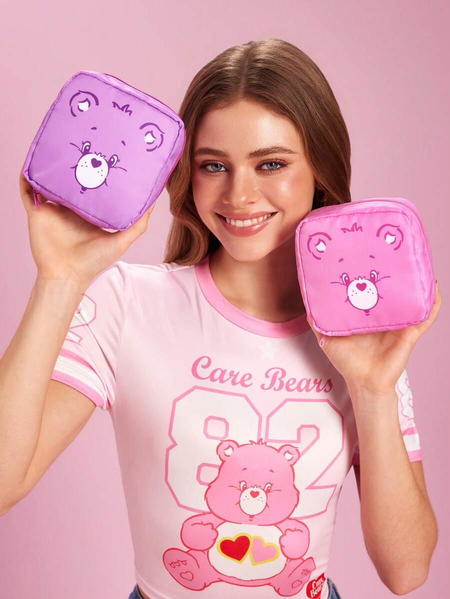 SHEIN X Care Bears 卡通圖案印花聚酯纖維收納袋,可用作女性衛生用品收納袋、數位收納袋 - 粉色+紫色 - 查看 1