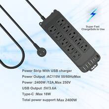 Teckwe 16-In-1 Power Strip Surge Protector With USB, 10 Widely Spaced AC Outlets, 4 USB-A & 2 USB-C PD 18W Fast Charging Ports, 4 FT Extension Cord, 2400W/12A Wall Mountable Outlet Extender For Home Office - Black - View 5