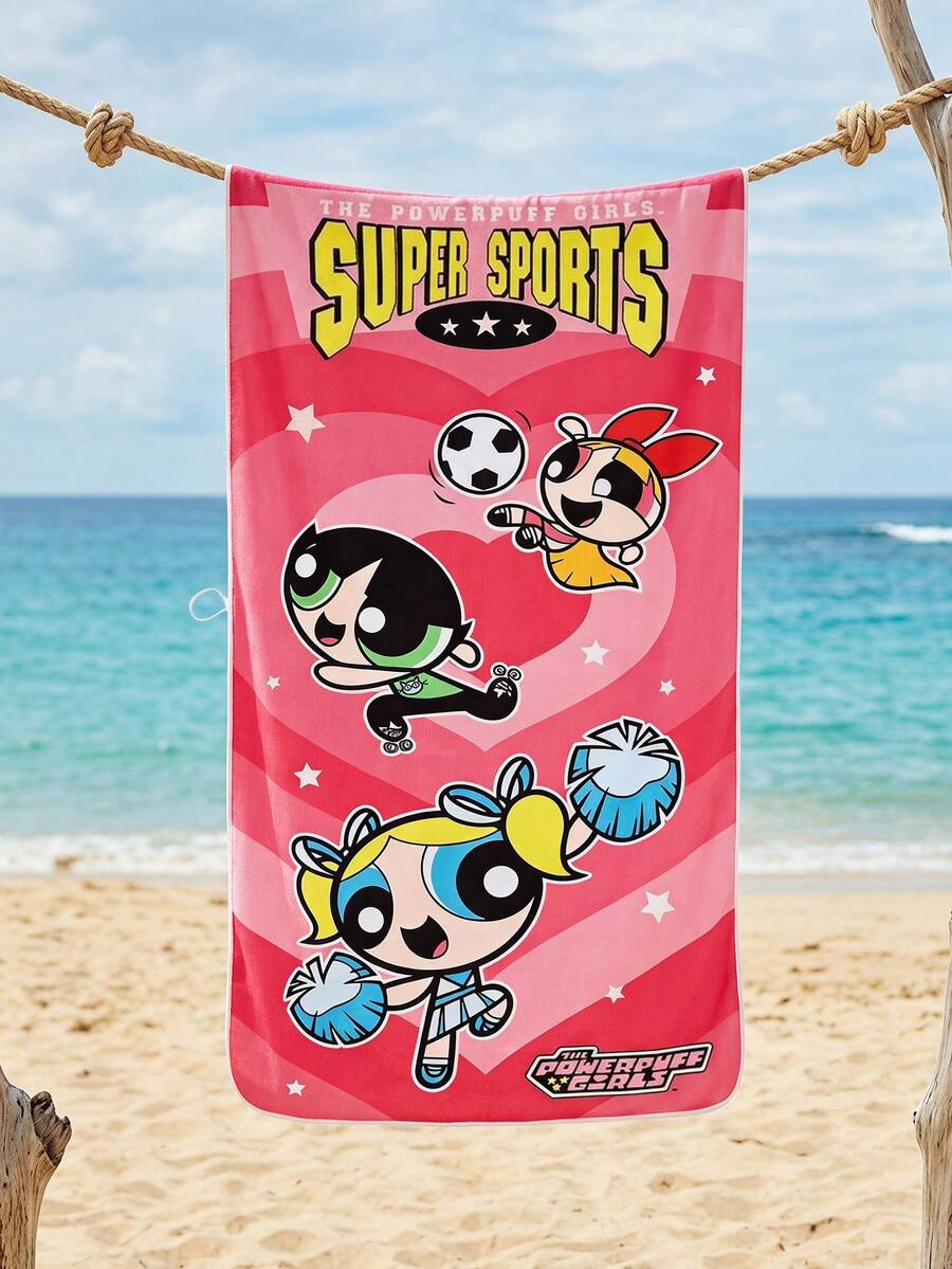 THE POWERPUFF GIRLS X Joivida 卡通印花沙灘巾,柔軟超細纖維,快速乾燥,防沙,可愛粉色愛心運動圖案,便攜適用於沙灘、游泳池、水療中心、健身房,成人與兒童通用多功能浴巾 - 粉色 - 查看 1