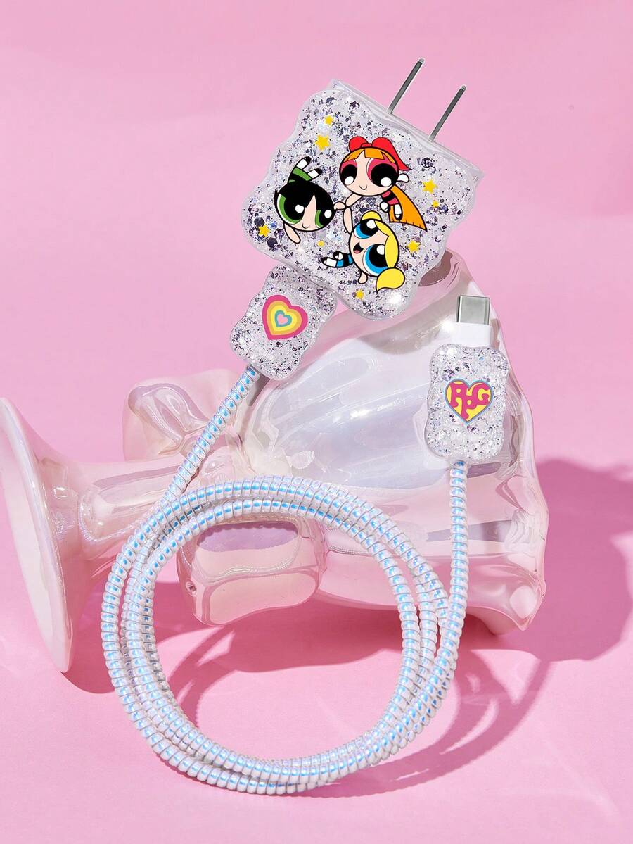 THE POWERPUFF GIRLS X SHEIN 4-Piece Mobile Phone Data Cable Protective Cover Is Suitable For IPhone Charging Cable Data Cable Protective Cover (Excluding Data Cable) - White - View 1