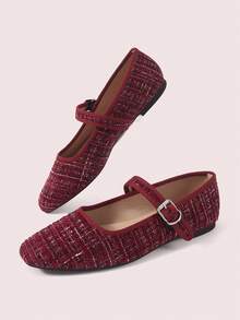 CUCCOO DOLLMOD Women's Shoes, Burgundy Fabric, Square Toe Simple Buckle Flats, Comfortable Atmosphere, Versatile Soft Sole For Daily Commuting Mary Jane - Red Violet - View 4