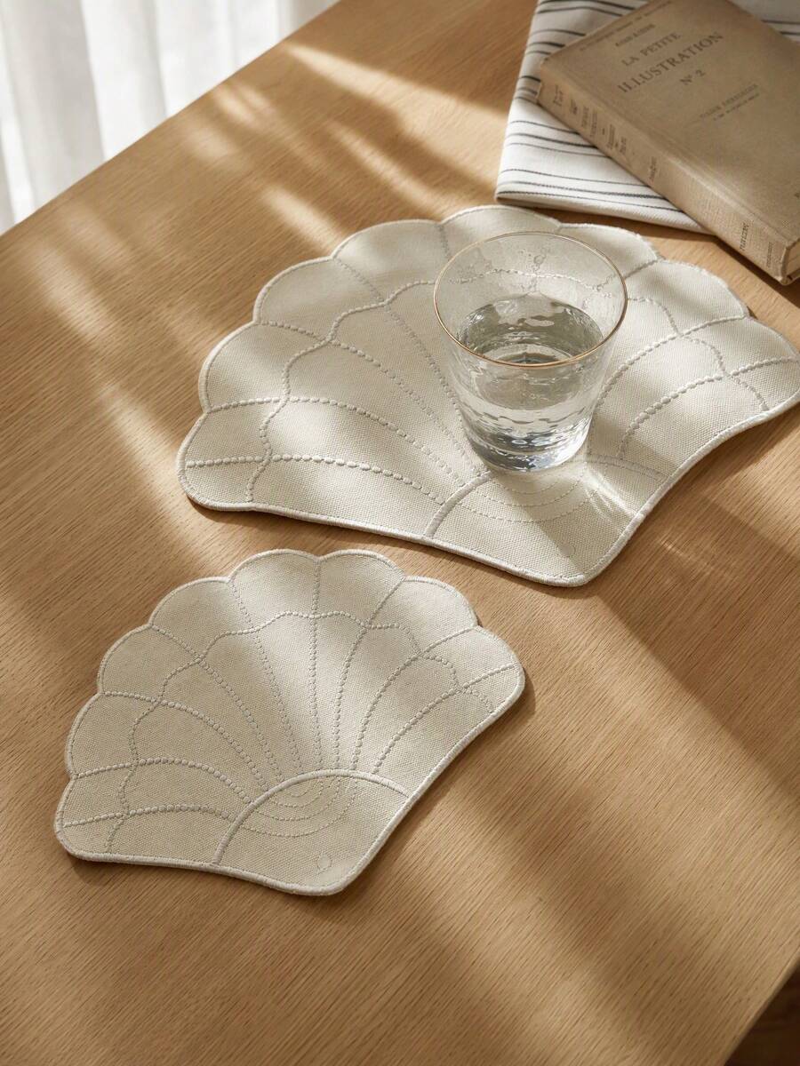 Cirelle 1 cái/2 cái tấm lót ly hình vỏ sò thêu vải lanh, tấm trải bàn màu trơn vân nổi, đạo cụ chụp ảnh flat lay thẩm mỹ, miếng trang trí cho bàn cà phê, tiệm bánh, bàn làm việc tại nhà - Nhiều màu - Xem 1