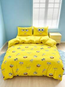 SpongeBob SquarePants | SHEIN 3件組卡通圖案被套組，柔軟保暖，可水洗，適用於單人/雙人/Queen/King尺寸床 - 黃色 - 查看 2