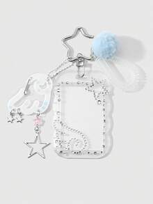 ROMWE Kawaii 1個簡約休閒創意時尚藍白配色春季繩結毛球閃鑽星翼壓克力卡套DIY鑰匙圈包包掛飾，日常佩戴 - 藍白色-28 - 查看 9