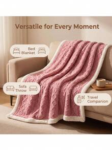 Cirelle 1pc Soft Double Sided Sherpa Fleece Throw Blanket - Thick Warm Flannel Bed Blanket With Embossed Cable Knit Pattern For Sofa, Couch, Dorm & Home Decor - Watermelon Pink - View 4