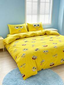 SpongeBob SquarePants | SHEIN 3件組卡通圖案被套組，柔軟保暖，可水洗，適用於單人/雙人/Queen/King尺寸床 - 黃色 - 查看 1