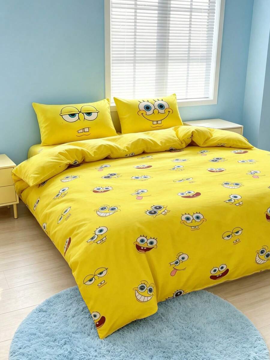 SpongeBob SquarePants | SHEIN 3件組卡通圖案被套組,柔軟保暖,可水洗,適用於單人/雙人/Queen/King尺寸床 - 黃色 - 查看 1