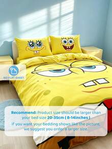 SpongeBob SquarePants | SHEIN 3件組卡通圖案被套組，柔軟保暖，可水洗，適用於單人/雙人/Queen/King尺寸床 - 黃色 - 查看 9