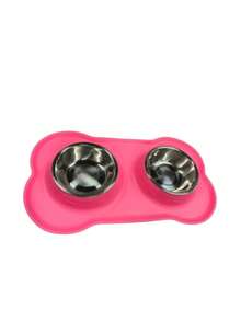 1pc Stainless Steel Double Bowl Anti-Spill Pet Feeder With Non-Skid Mat, For Dogs And Cats - Pink - View 9