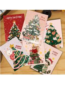 Merry Christmas Greeting Cards,6 Styles Rabbit Raccoon Squirrel Cat Xmas Tree Note Cards With Kraft Envelopes,Cute Illustrated Christmas Blessing Cards For Friends Family - multicolor - View 2