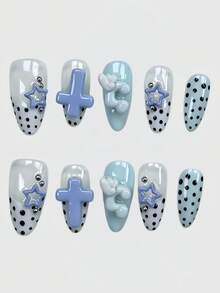 ROMWE Kawaii 10片裝綠棕色千禧香料甜美風翅膀復古波點手工假指甲貼片，量產活力女孩款 - 薄荷藍 - 查看 2