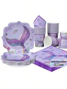 Purple Large Fish Tail Petal-Shaped Ocean-Themed Disposable Plates, Napkins, And Cups, Disposable Paper Plate Set (100pcs), Many Choices, Very Suitable For Birthday Parties, Family Picnics, Weddings And Other Gatherings. - Multicolor - View 1