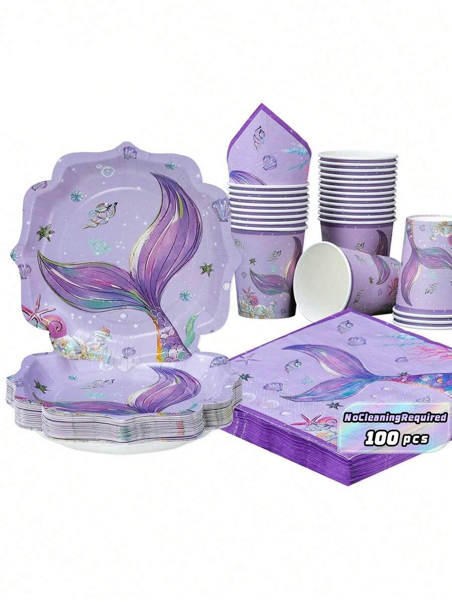 Purple Large Fish Tail Petal-Shaped Ocean-Themed Disposable Plates, Napkins, And Cups, Disposable Paper Plate Set (100pcs), Many Choices, Very Suitable For Birthday Parties, Family Picnics, Weddings And Other Gatherings. - Multicolor - View 1