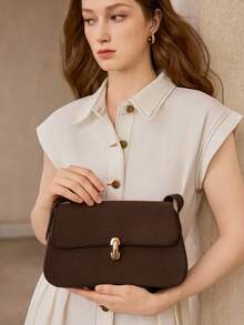 MOTF PREMIUM 女款時尚棕色單肩包，經典復古翻蓋包，適合日常、通勤、購物、送禮 - 仿麂皮絨咖啡 - 查看 7
