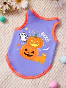 PETSIN 1pc Orange Cat Orange Evil Pumpkin White Ghost Spider Web Letter Printed Pet Tank Top Purple Splicing Orange Soft Comfortable Breathable Pet Clothes - Multicolor - View 1