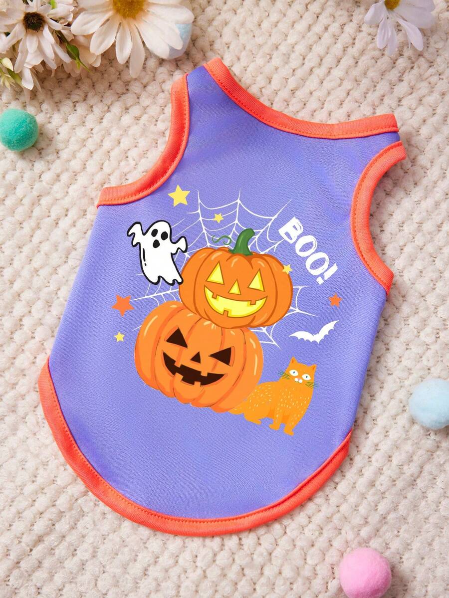 PETSIN 1pc Orange Cat Orange Evil Pumpkin White Ghost Spider Web Letter Printed Pet Tank Top Purple Splicing Orange Soft Comfortable Breathable Pet Clothes - Multicolor - View 1