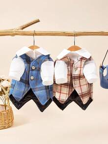 PETSIN 1pc Plaid Woolen Pet 2 In 1 Suit Vest, British College Style Dog Formal Dress, Wedding Companion Pet, Birthday Party, Daily Cat And Dog - Multicolor - View 2