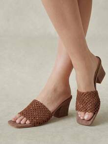 Styleloop Ladies Shoes, Linen Texture, Brown, Open-Toed, Mid-Heeled Sandals, Retro Style, Suitable For Summer French Casual Workplace Vacation. - Light brown - View 2