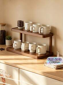 1Pc Large Capacity Dual Layer Wooden Kitchen Organizer Rack Multifunctional Desktop Storage Shelf Coffee Bean Display Cup Holder Spice Rack Tea Cup Glass Holder Snack Book Shelf Natural Wood Color Home Decor Storage Solution Suitable For Wedding - Walnut - View 1