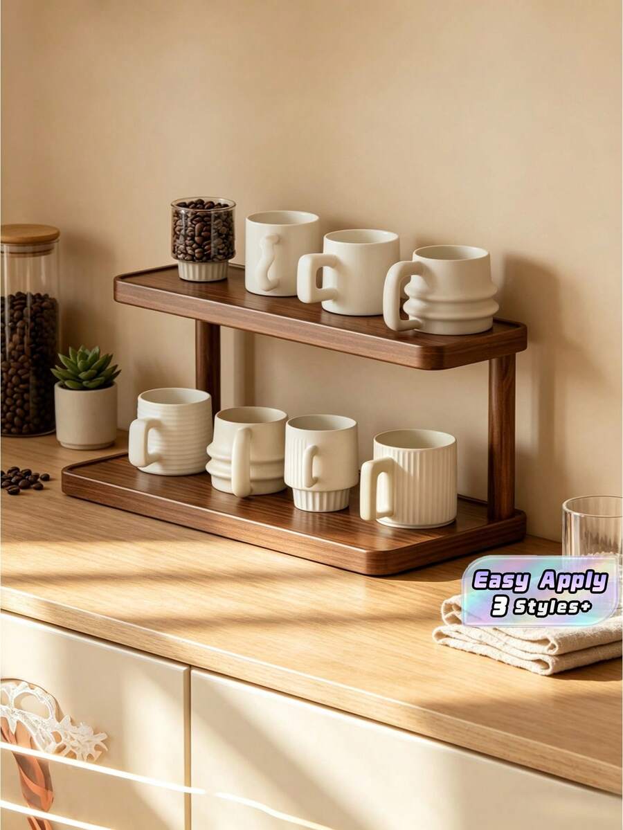 1Pc Large Capacity Dual Layer Wooden Kitchen Organizer Rack Multifunctional Desktop Storage Shelf Coffee Bean Display Cup Holder Spice Rack Tea Cup Glass Holder Snack Book Shelf Natural Wood Color Home Decor Storage Solution Suitable For Wedding - Walnut - View 1