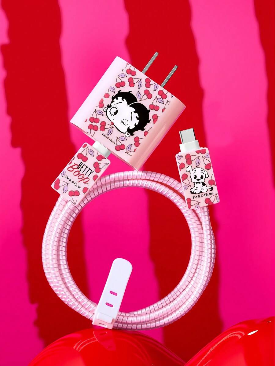 Betty Boop x SHEIN 3件組數據線保護套,適用於充電器,櫻桃印花圖案,充電器保護套(不含數據線) - 粉色 - 查看 1