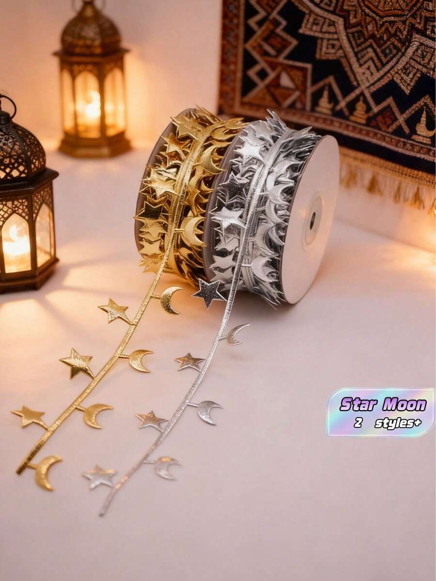 5M Star Moon Pattern Craft Ribbon Trim, Holiday Festival Home Room Wedding Valentine Ramadan Decoration, Home Supplies - multicolor - View 1