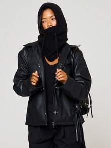 MUSERA Black Hooded Balaclava Hat Fall Autumn Winter Streetwear Outfits - Black - View 2
