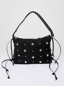 MUSERA Black Suede Stud Fringe Shoulder Bag Detail Fall Autumn Winter Streetwear Outfits - Black - View 7