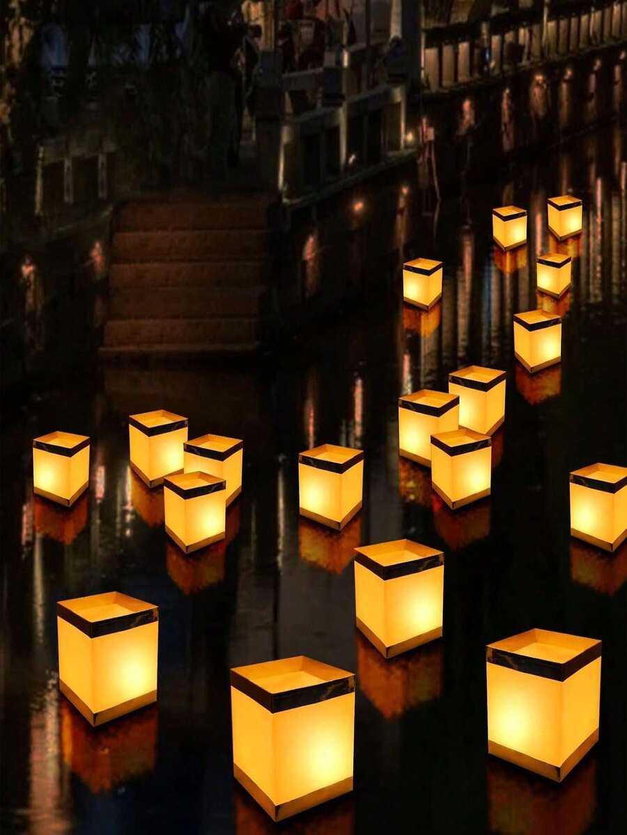 2/4/8pcs Paper Floating Lanterns, Gold + White Square Memorial Candle Lanterns, Decorative Outdoor Wedding Lawn Pool Wishing Tabletop Lanterns (Candles Not Included) - Paper Lanterns - View 1