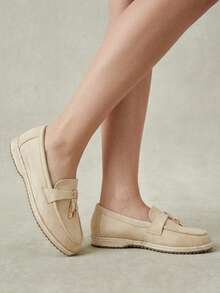 Styleloop Tassel Woven Grass Bottom Square Round Toe Flat Bottom Loafers, Gentle Khaki Matte Leather Slouchy Slip-On Casual Fisherman Beanie Shoes Fall Shoes - Light khaki - View 8