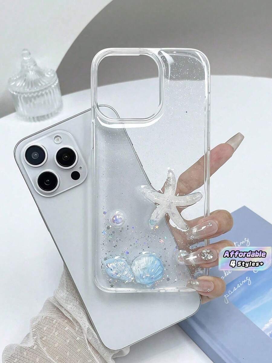 1件裝時尚透明手機殼，貝殼、海螺殼與亮片裝飾，適用於 Apple 17/Air/Pro/Pro Max