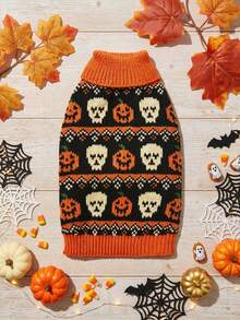 1pc Pet Cat Dog Universal Halloween Pumpkin Skull Fairisle Pattern Classic Retro Jacquard Knit Elastic Turtleneck Warm Comfortable Dog Sweater, PETSIN Original Design - Red and White - View 1