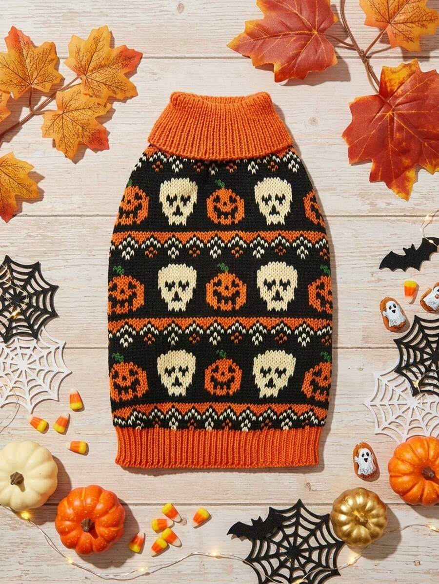 1pc Pet Cat Dog Universal Halloween Pumpkin Skull Fairisle Pattern Classic Retro Jacquard Knit Elastic Turtleneck Warm Comfortable Dog Sweater, PETSIN Original Design - Red and White - View 1