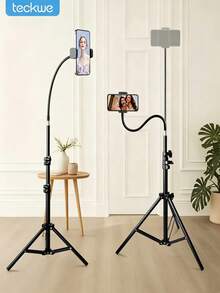Teckwe 57 Inch Phone Tripod With 13.7 Inch Adjustable Gooseneck, Portable Tripod With Cell Phone Clip, For Recording Photo Vlog, Extendable Cell Phone Tripod Stand For Live Streaming, Cooking, Fitness - Black - View 2