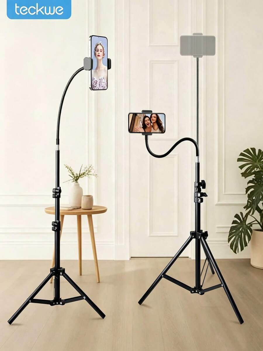 Teckwe 57 Inch Phone Tripod With 13.7 Inch Adjustable Gooseneck, Portable Tripod With Cell Phone Clip, For Recording Photo Vlog, Extendable Cell Phone Tripod Stand For Live Streaming, Cooking, Fitness