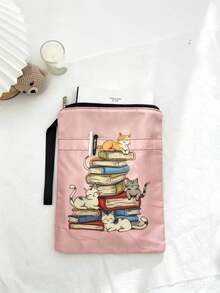 1PC Lightweight Polyester Zipper Book Sleeve Pouch With Wrist Strap Front Pocket Cute Cat Stacked Book Print Portable Document Notebook Storage Bag For Student Office Travel Reading Supplies - A - View 5